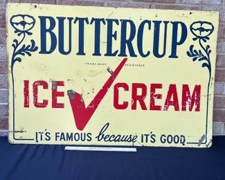 A62 - $450. Double sided Buttercup Ice cream, porcelain enamel sign. Measures 36” x 24”.
