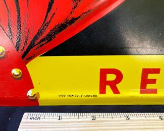 A13 - $550. Vintage Call for Philip Morris metal sign. Stout Sign Co. Measures 15” x 27”. The sign has some wear on the edges, and some scraped off paint. It has some rubbed off paint or rust right in the middle at the top of the sign.