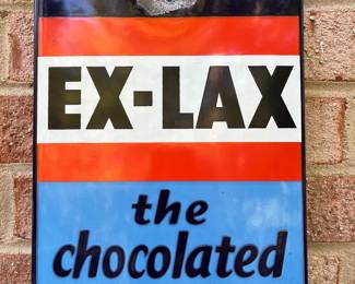 A58 - $200. Vintage X-lax thermometer Heavy Porcelain Enameled Sign. No thermometer. Measures 8“ x 36“. Bottom middle stamped A7-M??C