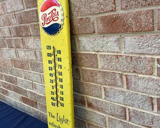 A18 - $225. 1950s Yellow Pepsi metal thermostat. Thermostat works. Measures 7.5“ x 27“.