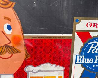A92 - $60. Pabst Blue Ribbon Beer sign. Measures 17" x 26". Has some scratches, otherwise is in good, vintage shape. Stamped Pabst Brewing Company, Milwaukee Wis. P-616.