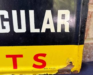 A13 - $550. Vintage Call for Philip Morris metal sign. Stout Sign Co. Measures 15” x 27”. The sign has some wear on the edges, and some scraped off paint. It has some rubbed off paint or rust right in the middle at the top of the sign.