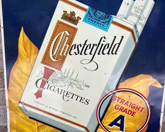 A4 - $250. Chesterfield cigarettes metal sign. Measures 19.25“ x 29“. Has minimal scratches on the paint and the corners have some damage.