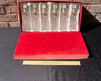 A128 - $60. Perrier - Jouet handpainted champagne flutes. Made in France. New in original box. Glasses are in excellent condition. The box has some sun fading.