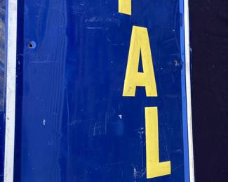 A54 - $650. 1950 US Royal Farm Tires metal sign. Bottom Right is stamped AAW 9-50. Measures 16“ x 60.5“.