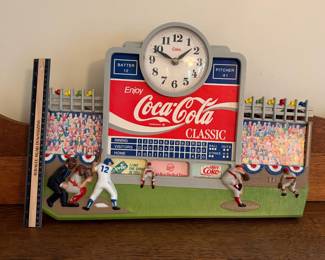 A222 - $30. Enjoy Coca-Cola Clock baseball stadium. Shows some staining on the paint. Slight crack on the clock face.