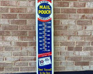 A59 - $150. Vintage Chew Mail Pouch Tobacco Thermometer. The thermometer works. Measures 8.5“ x 39“.