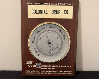 A166 - $75. Colonial Drug Co. Barometer. Measures 12" x 17" tall.
