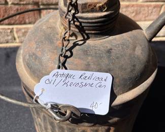 A82 - $40. Antique Railroad oil/kerosene can. Measures 10” tall. It has some dents throughout.