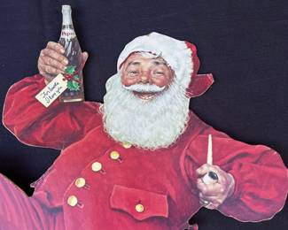 A28 - $45. Norman Rockwell Pepsi Santa Counter Display. Hat ball missing, bent bottle. Measures 20 inches tall.