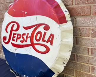A20 - $500. 1950’s Pepsi-Cola Metal Bottle Cap sign. Measures 29" diameter. M-216 Stout Sign Co. Made in USA N9-012.