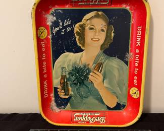 A180 - $100. 1930s "Drink A Bite to Eat" Tray. Measures 10.5" x 13.25".