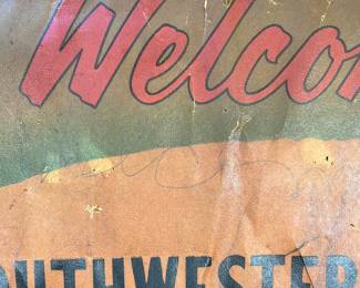 A8 - $85. Welcome! Philip Morris sign. Measures 30.5” x 19.25“. This sign is in fragile vintage shape. It has rips and creases throughout and discoloration/ darkening.