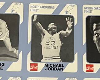 A195 - $50. Printed in 1989 by Coca-Cola. North Carolina's Finest Uncut Basketball Cards with Michael Jordan. Includes 2 sheets of different cards.