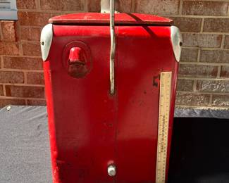 A42 - $100. Vintage Coca-Cola Cooler by Acton. Measures 17” x 12” x 19.5”. This has some wear and rubbed off paint and scratches. Handle works to lock it and has insert tray.