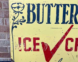 A62 - $450. Double sided Buttercup Ice cream, porcelain enamel sign. Measures 36” x 24”.