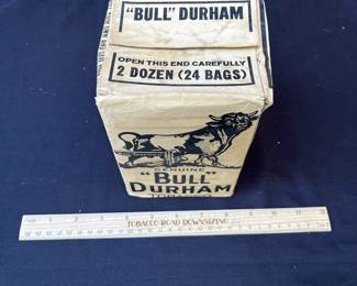 A115 - $150. Bull Durham Smoking Tobacco Pouches. In box. Measure 7” tall.