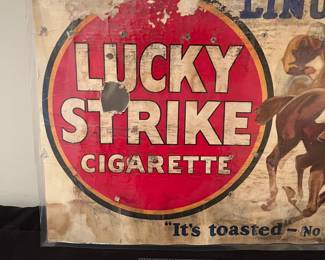 A191 - $300. Lucky Strike Cigarette Trolley Ad. Linus "Pony" McAtee. Sign has been laminated at some point to help protect it. Measures 20" x 10"