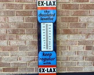 A58 - $200. Vintage X-lax thermometer Heavy Porcelain Enameled Sign. No thermometer. Measures 8“ x 36“. Bottom middle stamped A7-M??C