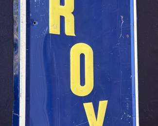 A54 - $650. 1950 US Royal Farm Tires metal sign. Bottom Right is stamped AAW 9-50. Measures 16“ x 60.5“.