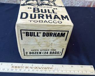 A115 - $150. Bull Durham Smoking Tobacco Pouches. In box. Measure 7” tall.