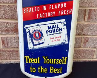 A59 - $150. Vintage Chew Mail Pouch Tobacco Thermometer. The thermometer works. Measures 8.5“ x 39“.