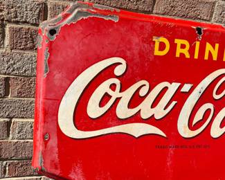 A33 - $1,250. 1945 Porcelain Enamel Door Coca Cola Kick Sign. Measures 36“ x 22.5“.