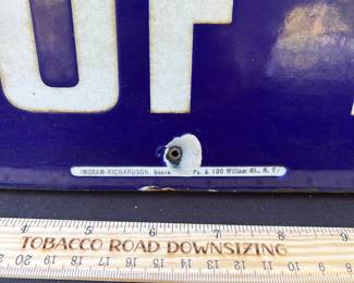 A55 - $700. "Trains Stop At Centre of Platform" *Heavy* Porcelain Enamel Sign from the NY Railroad - turn of the century. Ingram-Richardson Manufacturing Co. Measures 45" x 13". See photos for condition.