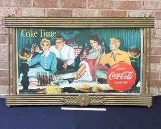 A51 - $750. 1954 Coke Time sign with Kay Display Gold Leaf Soda Shop Frame. 41” x 25”. Frame is in very good vintage condition. See photos of cardboard poster for condition.