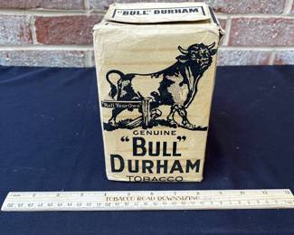 A115 - $150. Bull Durham Smoking Tobacco Pouches. In box. Measure 7” tall.
