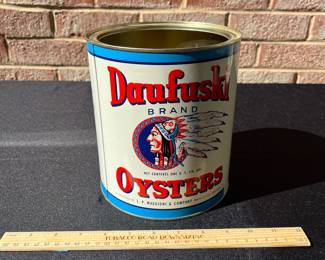 A120 - $65. Daufuski Brand Oysters tin. 1 gallon size. Good condition missing lid.