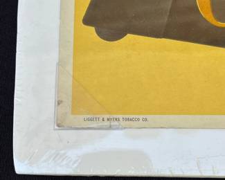 A12 - $125. Chesterfield Cigarettes Display Sign - Cardboard. Measures 21” x 22”. The sign has some rips and creases on the corners. It also has some rubbed off color near lettering. We did not take it out of sealed package to inspect the back.