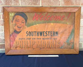 A8 - $85. Welcome! Philip Morris sign. Measures 30.5” x 19.25“. This sign is in fragile vintage shape. It has rips and creases throughout and discoloration/ darkening.