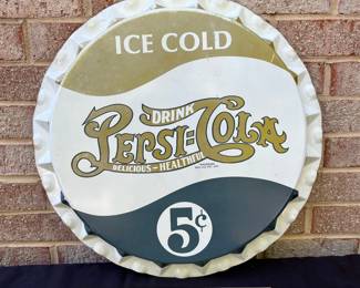 A15 - $50. Pepsi-Cola 5 cent metal sign. Measures 19” diameter. It has some rubbed off paint on corners and colors are faded. Otherwise in good, vintage shape.