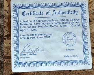 A123 - $85. 1991 NCAA Men's Championship Basketball game floor piece.
