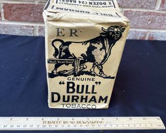 A115 - $150. Bull Durham Smoking Tobacco Pouches. In box. Measure 7” tall.
