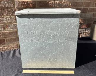 A94 - $65. Vintage long Meadow Farms door porch milk bottle box. Made in Chapel Hill. Measures 13 1/2“ x 11.25.”