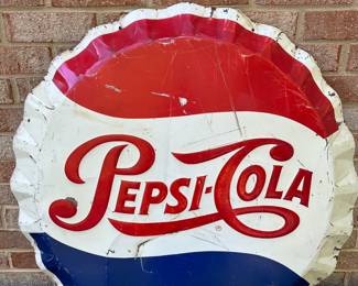 A20 - $500. 1950’s Pepsi-Cola Metal Bottle Cap sign. Measures 29" diameter. M-216 Stout Sign Co. Made in USA N9-012.