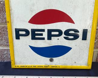 A19 - $145. 1967 Pepsi metal thermostat. Measures 7.25” x 28”. Bottom reads "M-165 Made in USA 1967 Scioto Sign Kenton, O."