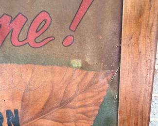 A8 - $85. Welcome! Philip Morris sign. Measures 30.5” x 19.25“. This sign is in fragile vintage shape. It has rips and creases throughout and discoloration/ darkening.