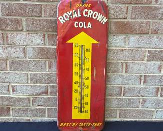 A56 - $85. Vintage Royal Crown Cola thermometer. Measures 10” x 25.5”. Bent and damaged metal on top. Scratches and dents.