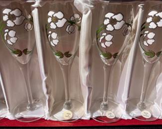 A128 - $60. Perrier - Jouet handpainted champagne flutes. Made in France. New in original box. Glasses are in excellent condition. The box has some sun fading.