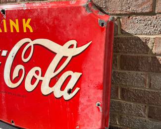 A33 - $1,250. 1945 Porcelain Enamel Door Coca Cola Kick Sign. Measures 36“ x 22.5“.
