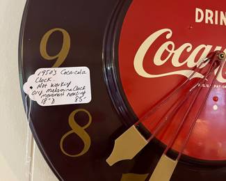 A199 - $85. 1950's Coca-Cola Clock. Not working. Measures 18" round. Original melamine Clock movement housing.