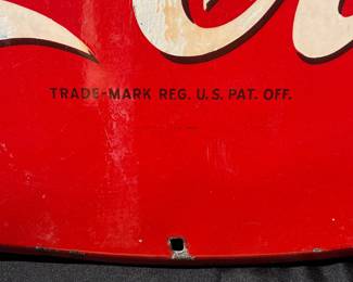 A33 - $1,250. 1945 Porcelain Enamel Door Coca Cola Kick Sign. Measures 36“ x 22.5“.