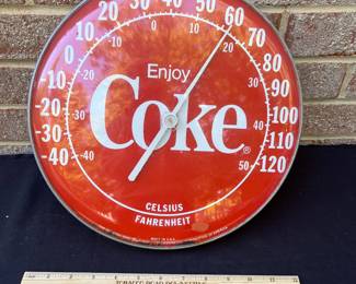 A65 - $40. Enjoy Coke Thermometer. Measures 12” diameter. The Original Ohio Jumbo Dial by Thermometer Corporation of America.