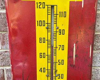 A56 - $85. Vintage Royal Crown Cola thermometer. Measures 10” x 25.5”. Bent and damaged metal on top. Scratches and dents.