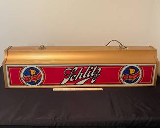 A175 -$200. Schlitz Beer Pool Table Light - Hanging. Excellent Condition. Great Working Order. Plastic. Measures 37.5" long.