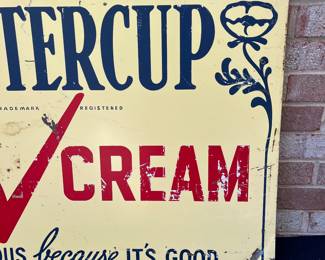 A62 - $450. Double sided Buttercup Ice cream, porcelain enamel sign. Measures 36” x 24”.