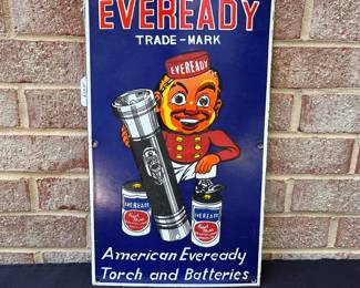 A68 - $180. Eveready Batteries Heavy Porcelain over Enamel metal sign. Measures 10" x 17"